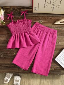 SHEIN 女婴纯色荷叶边吊带背心和休闲裤两件套