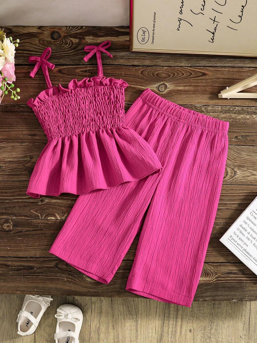 SHEIN 女婴纯色荷叶边吊带背心和休闲裤两件套