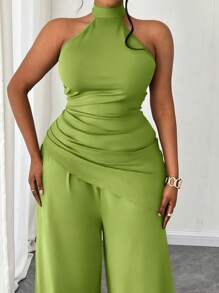 Maweii 2pcs/Set Plus Size Women Solid Color Knit Halter Asymmetrical Ruched Top And Wide Leg Pants Set