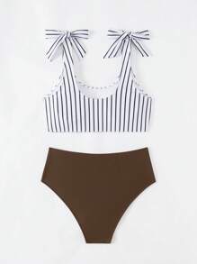 SHEIN Swim Bộ đồ bơi bikini hai mảnh thắt nút sọc đi biển mùa hè cho nữ (Họa tiết ngẫu nhiên) - Nhiều màu - Xem 2