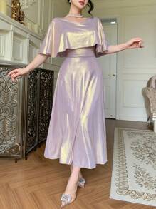 DAZY 女士纯色 V 领中长连衣裙，简约时尚，适合夏季舞会礼服优雅太阳裙、正式女士连衣裙 - 淡紫色 - 查看 4