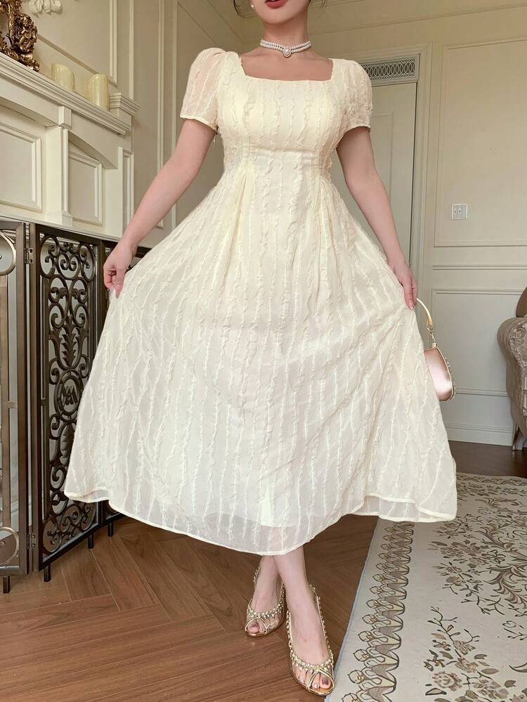 Women's Mid-Length Patchwork Square Neck Puff Sleeve Dress Maxi Dress