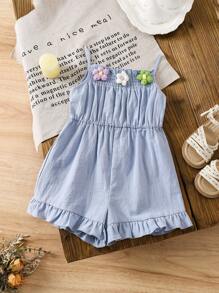 LMoss Kids LMoss  Young Girl Plain Fabric Pleated 3D Floral Camisole Romper  Suitable For Spring And Summer - Baby Blue - View 1