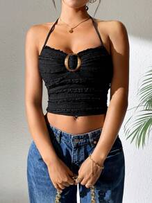 SHEIN PETITE Women's Crop Top With Ring Decor, Textured Lace-Up Back, Halter Neckline - Black - View 5