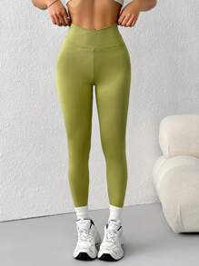 SHEIN EZwear Spring ClothesSolid High Waist Leggings - Green - View 3