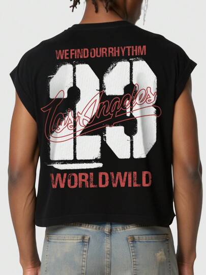 Prep Parte superior tipo top cruzado suelto y casual con cuello redondo y eslogan de hombre Y2K