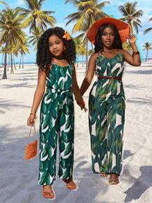 SHEIN VCAY Tropical Print Wide Leg Cami One Piece Spring Jumpsuit Without Belt Mommy And Me Matching Outfits(2pieces Are Sold Separately) - Green - View 8