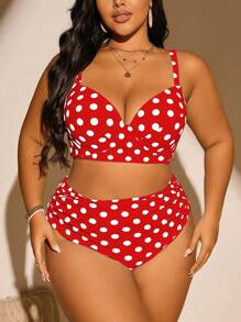 Swim Mod Plus Size Women Polka Dot Print Spaghetti Strap Push Up Swimwear Set For Summer Beach Vacation - Red - View 3