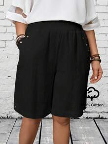 EMERY ROSE Plus Size Solid Color Casual Shorts, Fashionable Suitable For Summer - Black - View 1