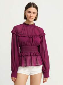 Revavyn 女士复古荷叶边袖雪纺衬衫 - 酒紅色 - 查看 3