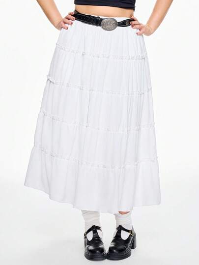 Kawaii Plus Size Renaissance Summer Skirt For Women, Vacation Pockets Rivet Belt Layered Skirt