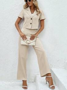 Chiquease 2 件套夏季休闲/商务短袖夹克和裤子套装 - 杏色 - 查看 5