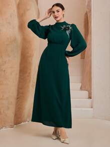 Graceveil Vestido de cintura alta con manga de farol, cintura ceñida y cuello con aplicación de unicolor - Verde Oscuro - Ver 7