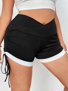 Breezaya 大码优雅简约运动休闲高腰抽绳拼色不对称短款紧身裤