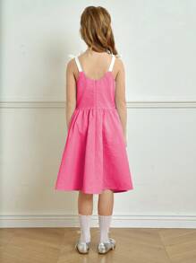 Tween Girl Elegant Minimalist Jacquard Texture Fabric Ribbon Bow A-Line Strap Dress, Suitable For Summer & Spring Wear, Suitable For Outings, Dates, And Vacations - Hot Pink - View 2