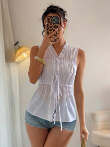 Breezaya Women's Vacation Style Sleeveless Ruffled Drawstring Tie Front Blouse, Bowknot Design - White - View 6