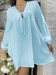 Sunnyshic Women's Casual V-Neck Tie Bow Short Mini Dress, Solid Color, Comfortable, Suitable For Spring/Summer Holiday And Daily Wear - Blue - View 4