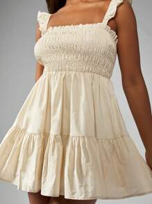 MISSGUIDED Shirred Bodice Summer Mini Dress With Ruffle Straps And Tiered Skirt Perfect For Beach Vacation Resort Wear Garden Party Cotton Poplin Sundress,Graduation Dresses - Apricot - View 3