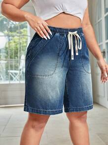 SHEIN SXY Plus Size Casual Denim Shorts, Fashionable Suitable For Summer - Dark Wash - View 4