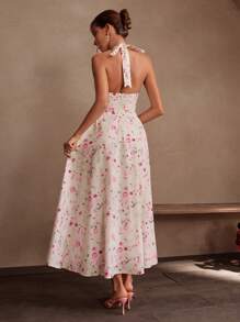 Savoree Elegant & Dignified Floral Allover Print Backless Halter Dress - Pink - View 2