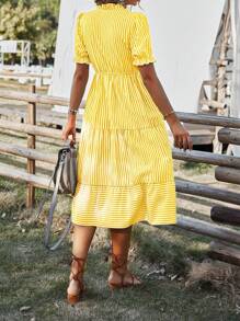 Breezaya Vertical Striped Flounce Sleeve Tassel Tie Neck Ruffle Hem Dress Maxi Women Outfit - Yellow - View 2