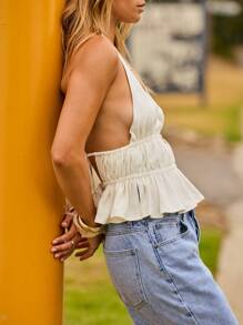 Aralina Boho Sexy White Deep V Neck Peplum Halter Summer Going Out Top - White - View 3