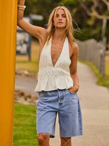 Aralina Boho Sexy White Deep V Neck Peplum Halter Summer Going Out Top - White - View 8