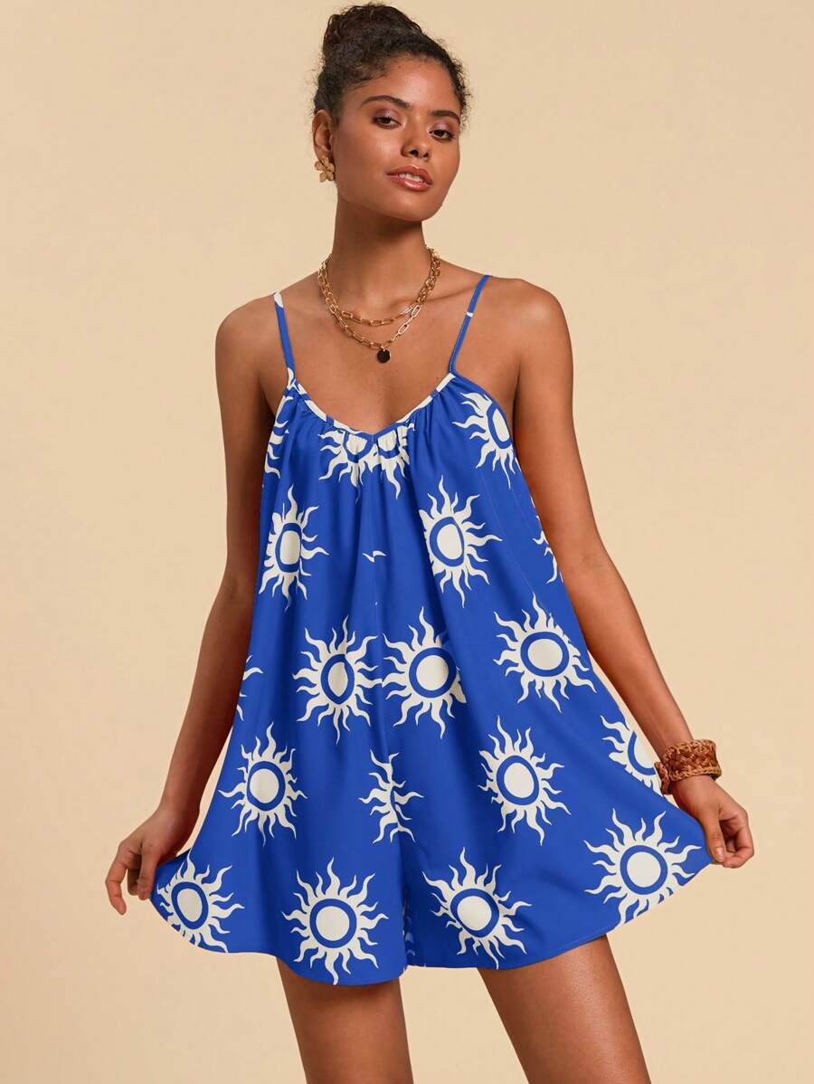 Travachic 编织炎热太阳印花宽松女式连体裤 - 藍色 - 查看 1