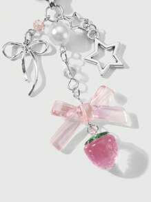 ROMWE Kawaii 1 件时尚精致简约空心星形蝴蝶结仿珍珠草莓树脂吊坠钥匙扣，适合女孩女士日常佩戴，理想礼物