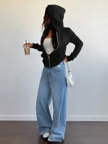 SHEIN Unity Áo hoodie dệt kim co giãn kiểu Mỹ cổ điển ôm sát, tay dài có túi, lót nhiệt dành cho nữ. Mùa xuân dành cho nữ tốt nghiệp, trở lại trường, tốt nghiệp, giáo viên dành cho nữ, áo nỉ chui đầu trở lại trường mùa thu - màu đen - Xem 4
