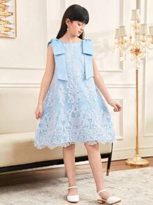 SHEIN Tween 女童宽松优雅蝴蝶结装饰 A 字形蕾丝连衣裙 - 淺藍色 - 查看 6