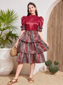 SHEIN Teen Girl Elegant Stand Collar Leg-Of-Gigot Sleeve Shirred Panel Shirt And Geometric Print Ruffle Hem Skirt 2 Pieces Set, Suitable For Ramadan, National Day, Eid Al-Fitr, Eid Al-Adha - Red - View 6