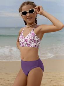 SHEIN Tween Girl 复古花卉印花比基尼套装，适合海滩、运动、冲浪、水上乐园、夏季