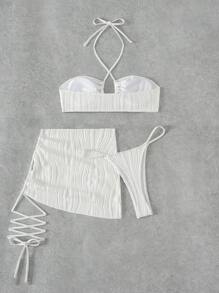 Swim SXY SHEIN X Hangout Fest Summer Beach Plain Halter Bikini Set With Beach Skirt - White - View 6