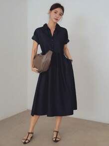 Dazy-Less Robe d'été mi-longue décontractée en lin à manches courtes, taille cintrée, couleur unie, style "Old Money", robe chemise décontractée pour femmes, tenue de professeur - Bleu marine - Voir 1