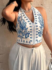 SHEIN Clasi Plus Size Women Plant Print Casual Halter Neck Tank Top - Multicolor - View 1