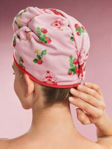 Strawberry Shortcake X SHEIN Cute Strawberry Printed Hair Drying Hat, Suitable For Any Hair Type & Length, Absorbs Water Quickly, Country Ditsy Floral Style, For Home Bathroom Summer Hair Bonnet