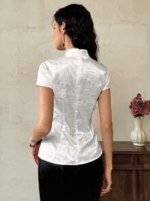 EastFlair Women's Elegant Embroidery Jacquard Button-Up Collar T-Shirt - White - View 5
