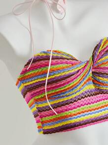 Sweetina 女士彩色条纹扭结抹胸休闲上衣，夏季 - 玫紅色 - 查看 8