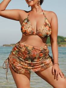 Swim SXY 2pcs Plus Size Women Floral Leopard Print Bikini Top And Matching Leopard Print High-Low Skirt Beachwear Set For Summer Beach Vacation - Multicolor - View 4