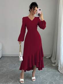 Elenzga Women's Elegant Solid Color Lantern Sleeve Ruffled Hem Dress - Red - View 1