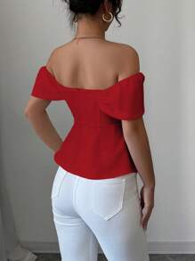 Elenzga Blusa off shoulder con decoración de corazón de piedras rhinestone - Rojo - Ver 2