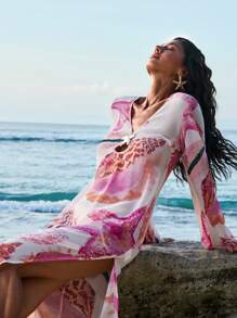 Opulessa Printed V-Neck Long Sleeve Dress For Women,Bohemia - Pink - View 8