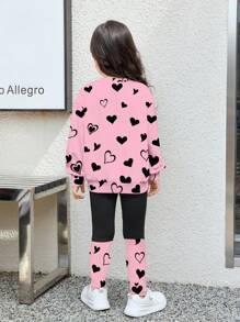 SHEIN 2 件套年轻女孩休闲心形和卡通猫印花运动衫和紧身裤套装，适合秋冬季 - 彩色 - 查看 3