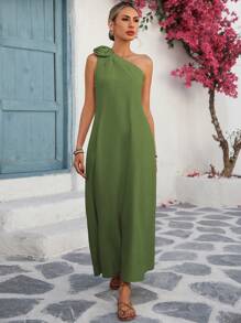 Breezaya Women's French Elegant Loose Casual/Office/Holiday Solid Color Linen Oblique Shoulder Sleeveless Dress With 3D Floral Decor And Side Slit