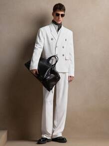 AKNOTIC 2pcs/Set Men's White Woven Diamond Embellished Slim Fit Double Breasted Casual Blazer Suit Set, Suitable For Daily Wear, Vacation, Wedding, Party, Graduation Gift, Spring/Summer - White - View 2