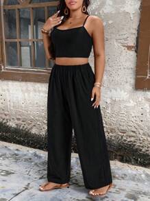 SHEIN LUNE 大码女式三件套：纯色系肩短袖长款和服罩衫、合身吊带背心和宽腿宽松裤