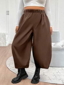 Elenzga Plus Size Casual Solid Color Elastic Waist Loose Harem Pants - Coffee Brown - View 6