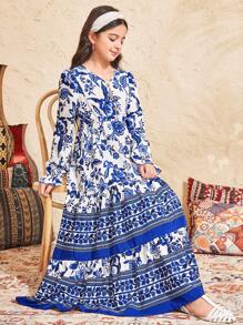 SHEIN Đầm dài tay cổ chữ V giản dị rộng rãi cho bé gái tuổi teen có nút trang trí - Màu xanh lam - Xem 4