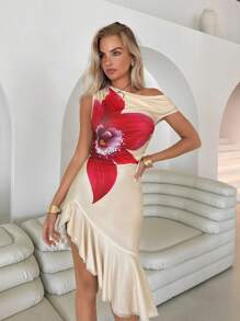 Roylia Fashion New Vacation Print Asymmetric Ruched Flounce Unique Design Bodycon Dress For Women - Apricot - View 1